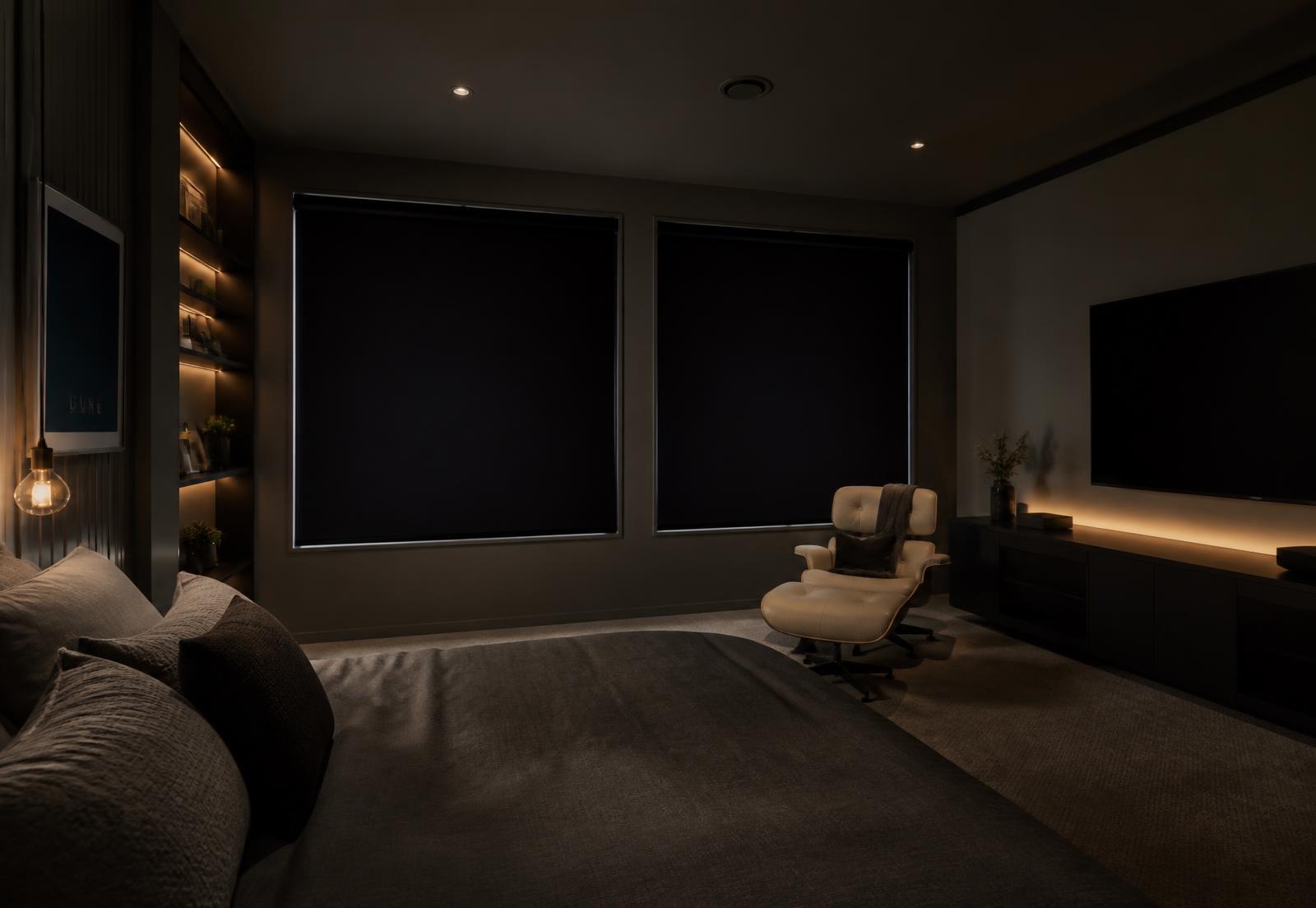 Media room with blackout motorized roller shades fully lowered