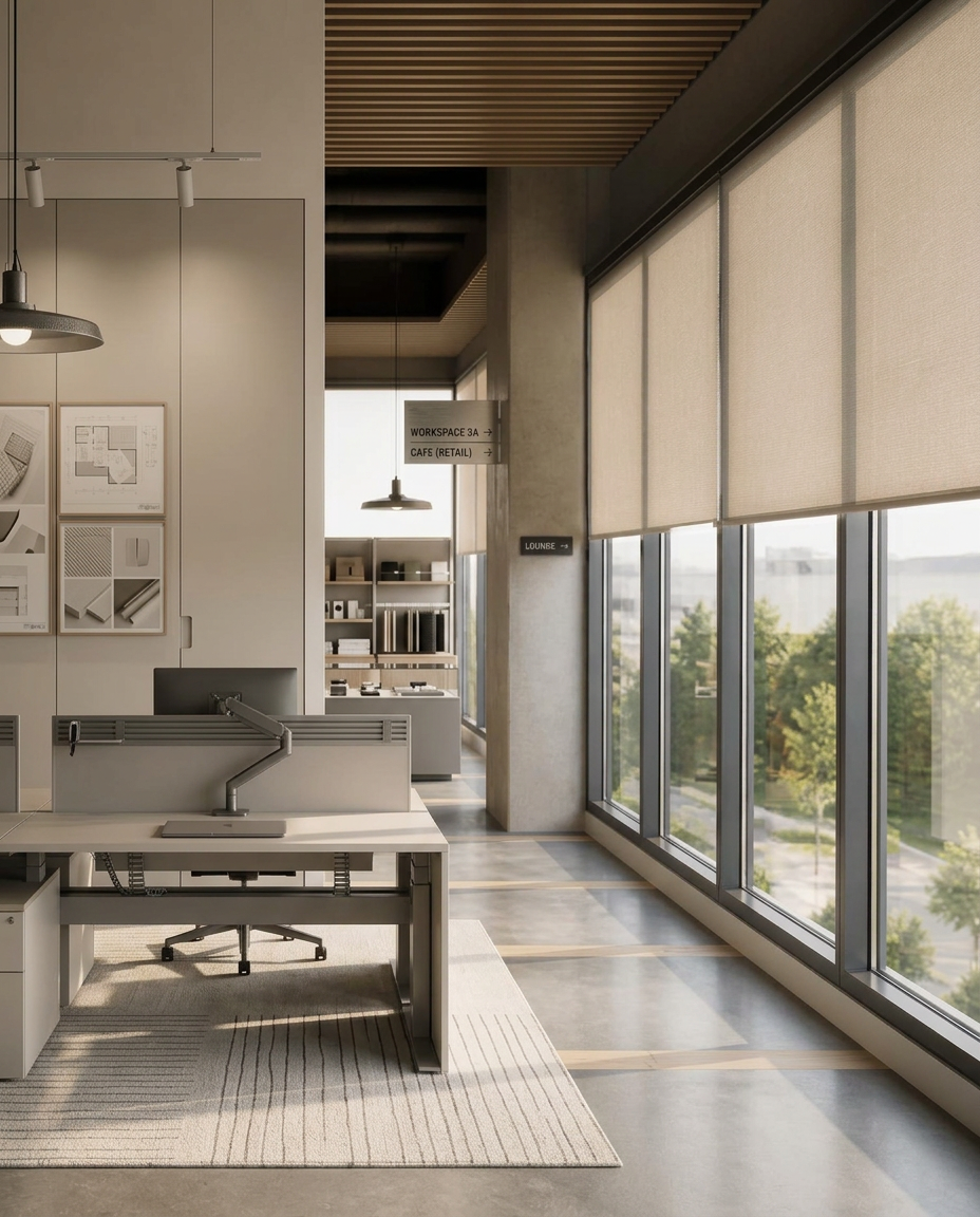 Modern commercial interior with neutral motorized roller shades