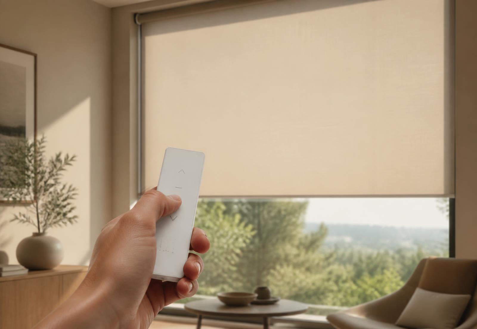 Hand using a slim remote to lower a motorized roller shade
