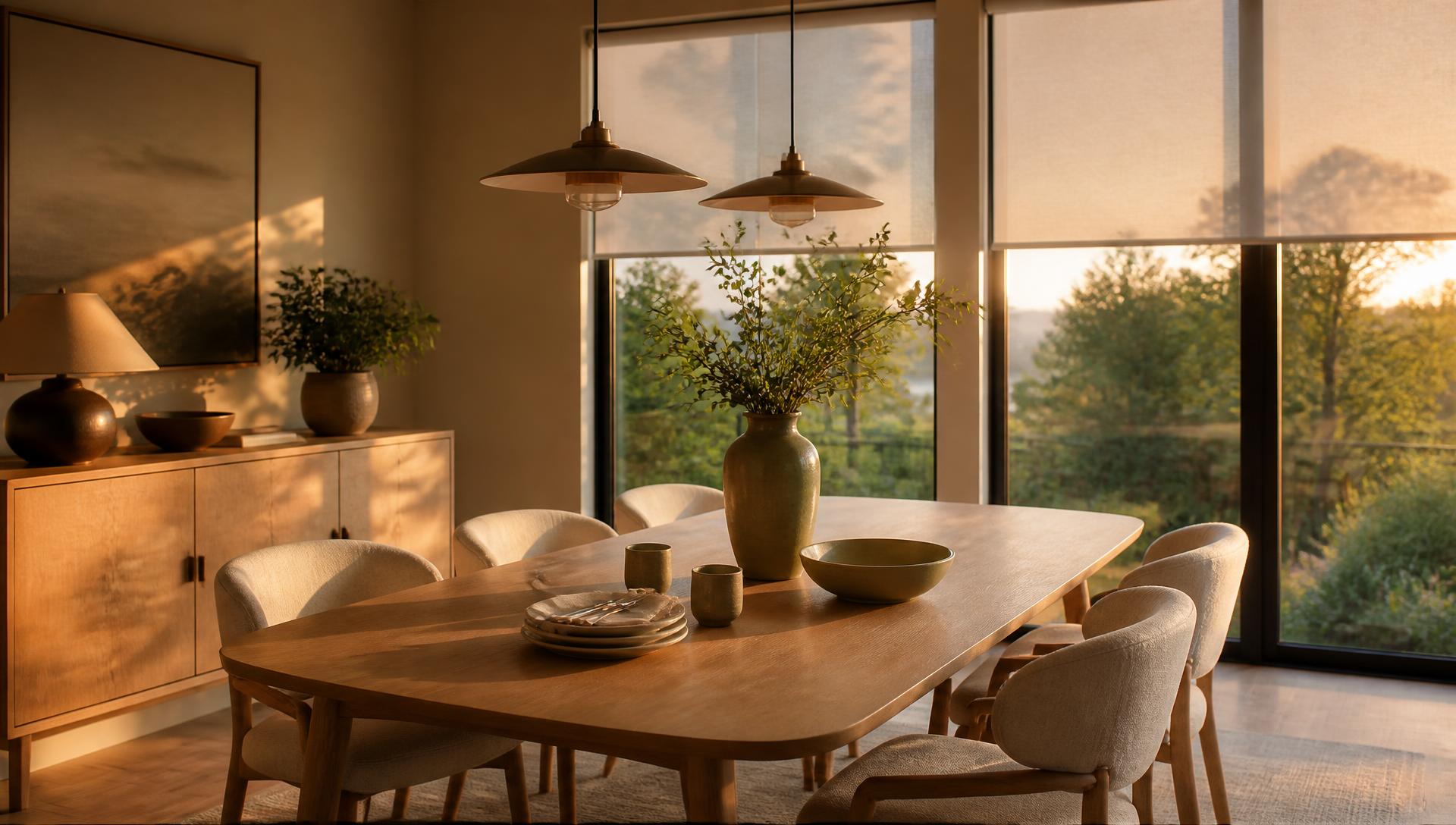 Warm modern Orange County dining room with motorized roller shades