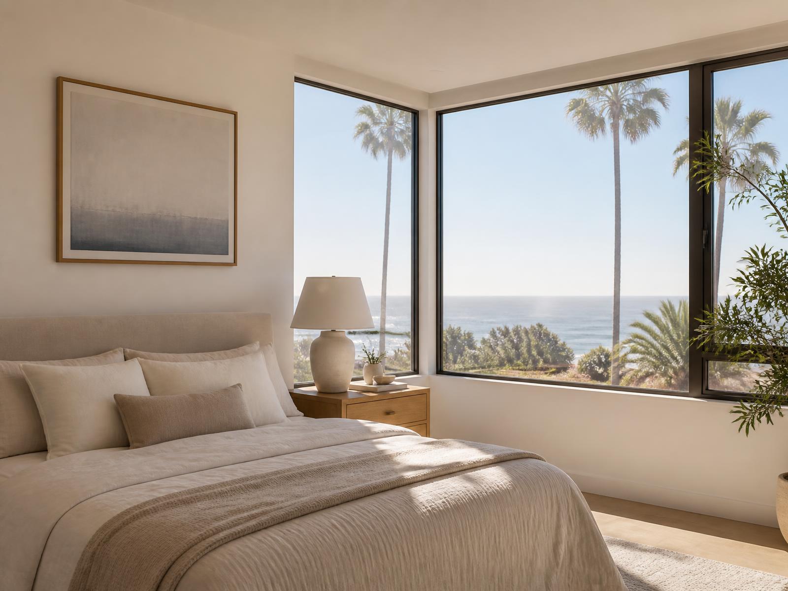 Coastal modern bedroom with roller shades raised into a minimal cassette