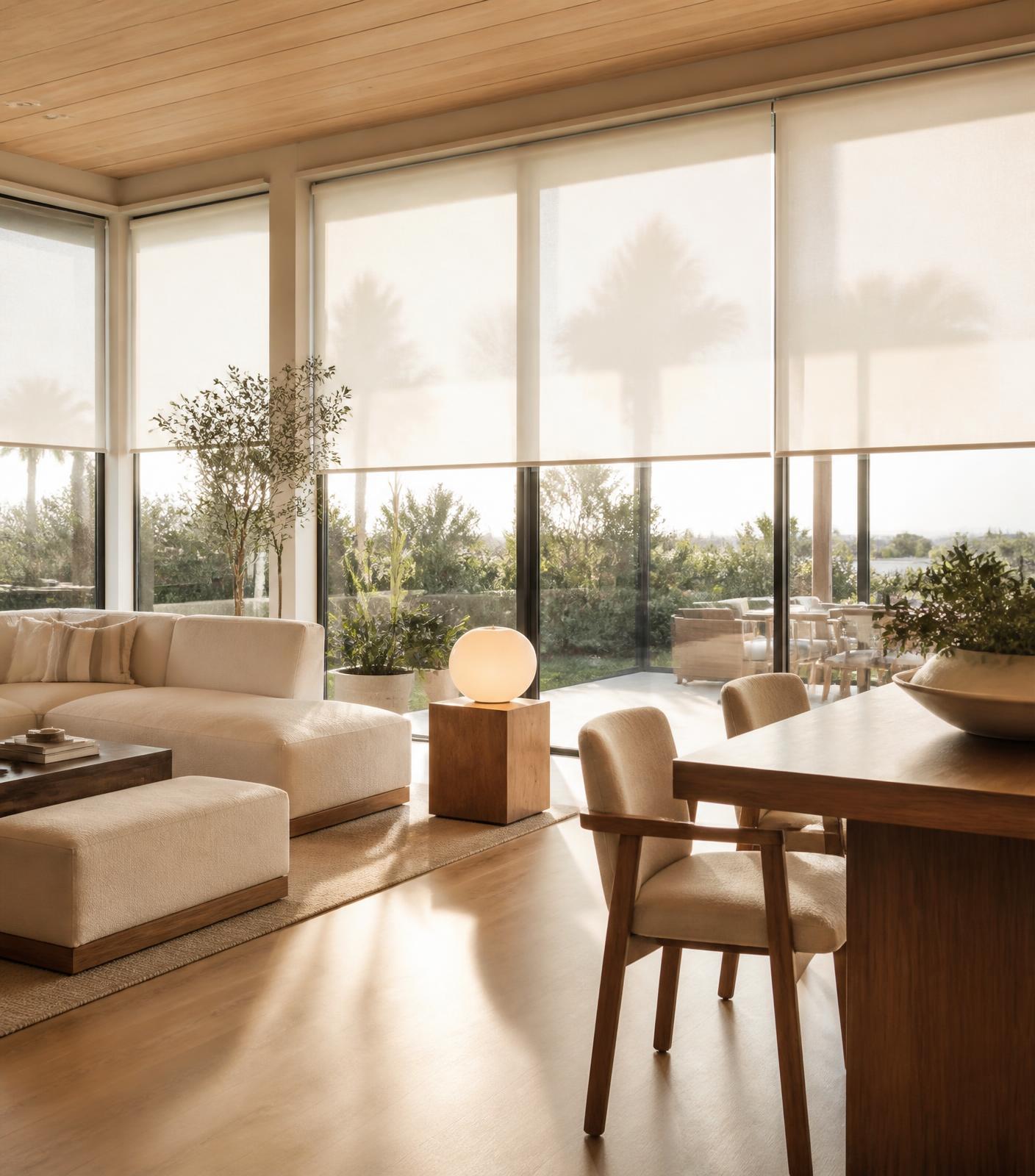 Sunlit Orange County home with light-filtering motorized roller shades